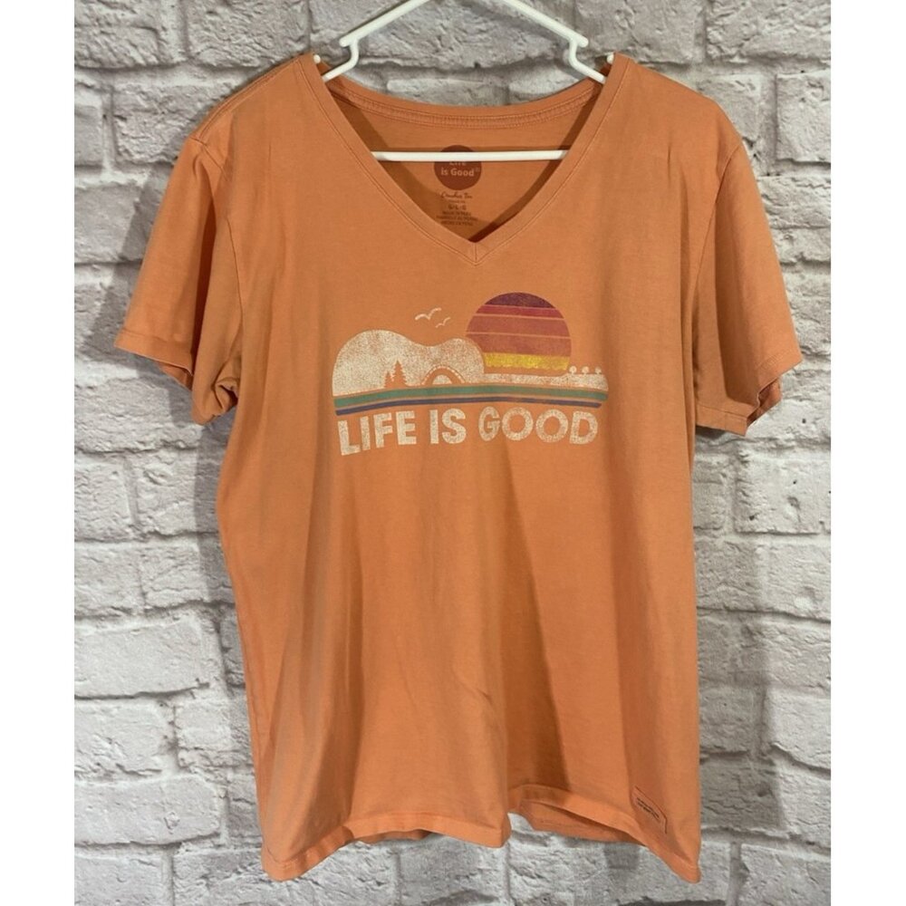 Life is Good V Neck Crusher Tee Shirt Guitar Music Sunset Classic Peach Orange L